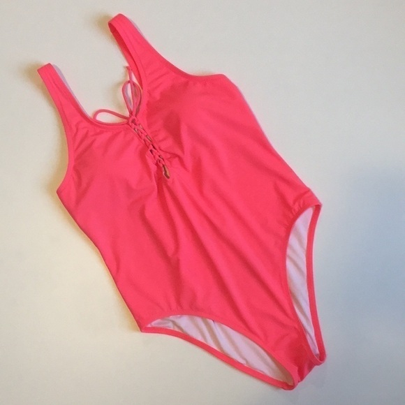 Neon Pink One Piece Swimsuit Cheeky VS Size Large Low Back Lattice Detail Barbie - Picture 2 of 9